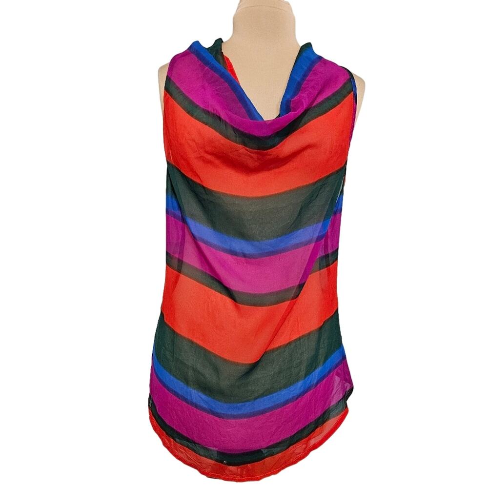 Myth NYC Tunic Top Semi Sheer Lightweight Cowl Neck Racerback Striped Large 70s